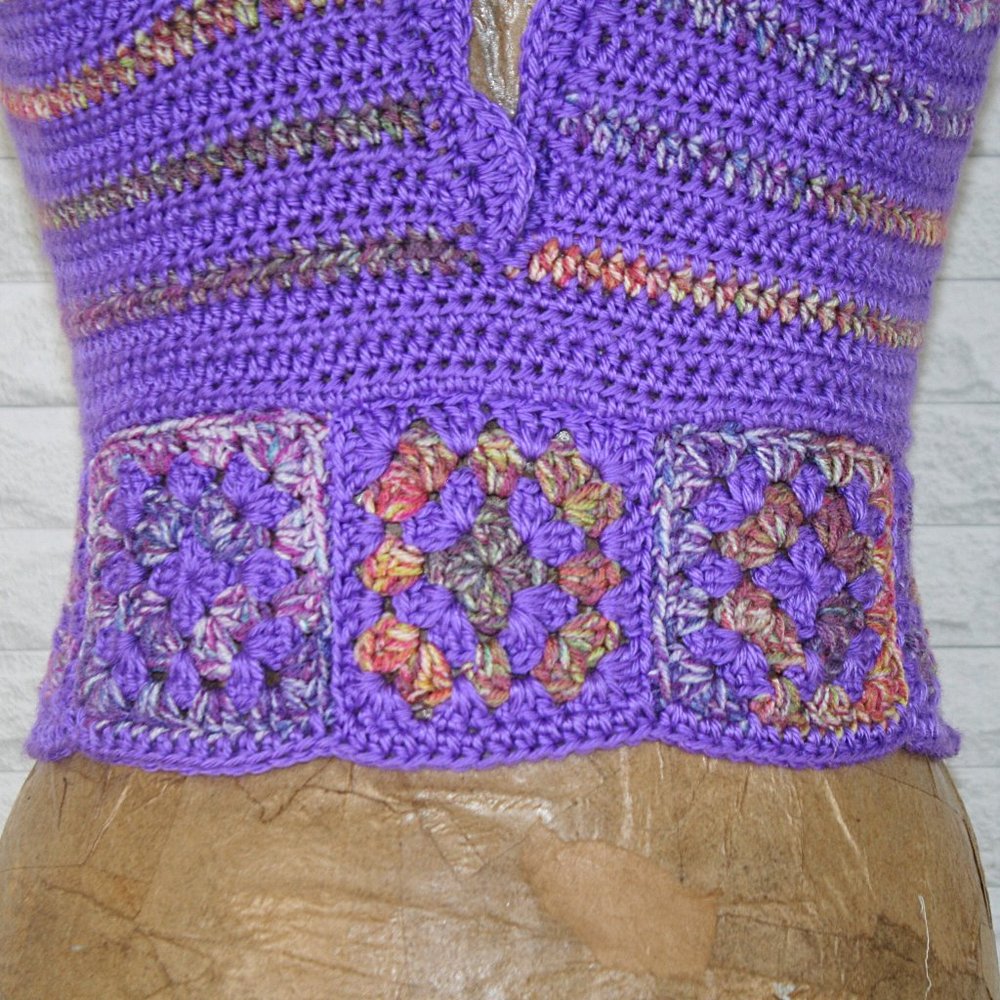 HAND CRAFTED Crop Top Crochet Halter Granny Square Stripe Purple Festival Rave - Picture 2 of 13